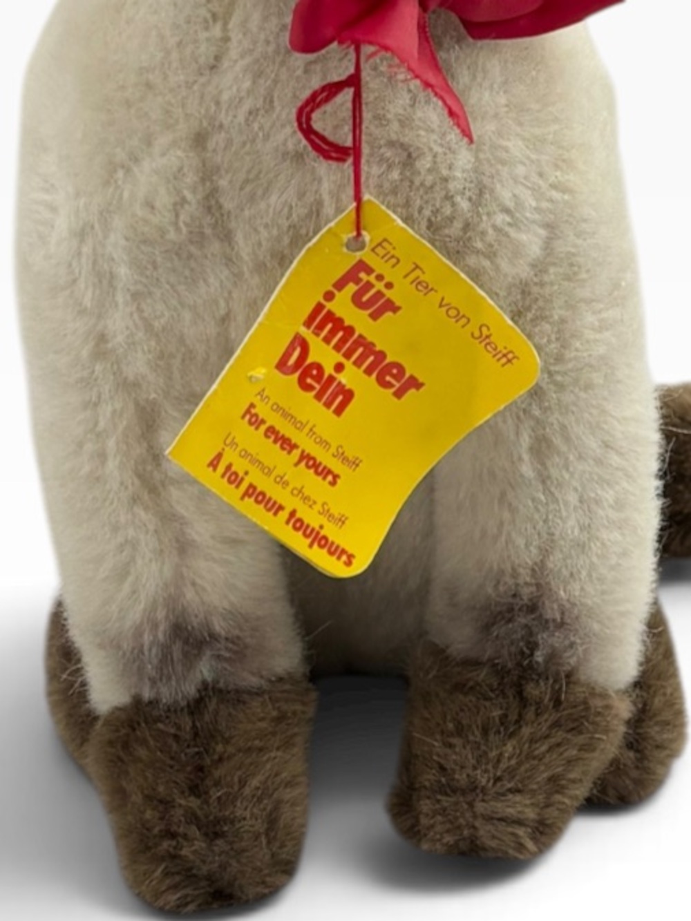 Vintage Steiff Mohair Sitting 10” Tall Cream Brown Siamese Cat Blue Eyes Red Bow - Picture 4 of 12